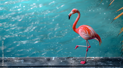Pink Flamingo Standing in a Beautiful Lake Water