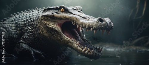 Fierce Crocodile Roaring with Jaws Wide Open in a Terrifying Water Scene photo