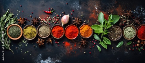 Aromatic Spices and Herbs Arranged Artfully on a Moody Dark Background