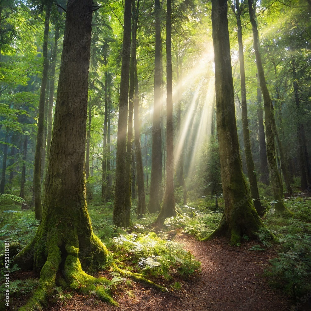 Fototapeta premium Mystical Forest with beaming light through the trees 