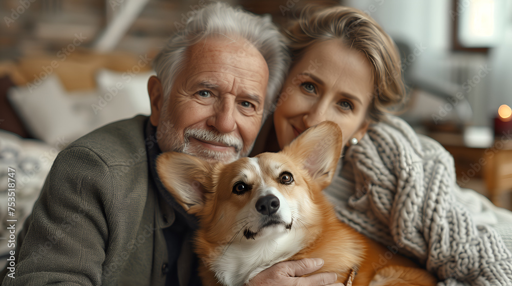 Pet Parent. Elderly couple and cute corgi dog Be like a family member smiling with happiness. Pet Parent. Elderly couple and cute corgi dog Be like a family member smiling with happiness.