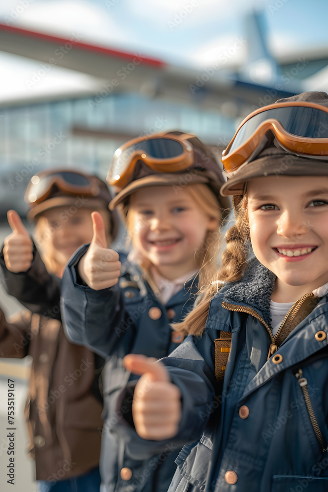 Group of children doing their dream job as Pilots standing in the airport next to the airplane. Concept of Creativity, Happiness, Dream come true and Teamwork.