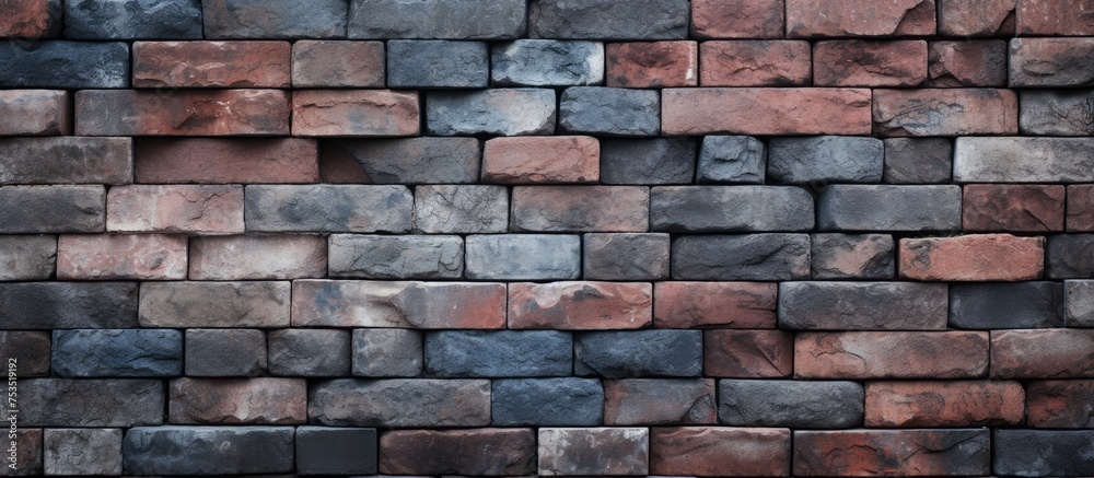 Obraz premium A brick wall constructed using bricks of various colors, presenting a unique and abstract texture. The bricks are cemented together to form a sturdy and visually striking barrier.