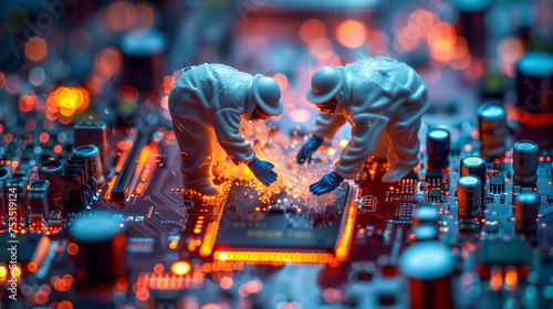 Tiny figures in hazmat suits inspecting a sparking circuit board amidst red and orange bokeh lights
