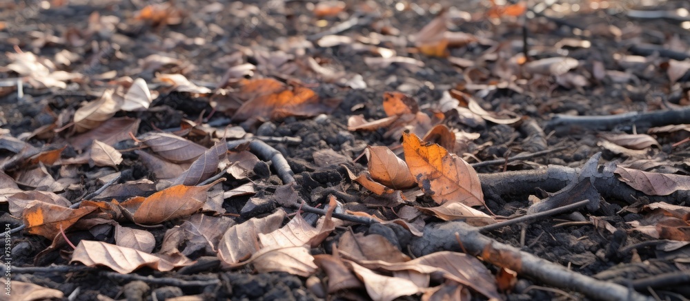 Vibrant Autumn Vibes: Colorful Pile of Leaves on the Ground in a Forest Setting Vibrant Autumn Vibes: Colorful Pile of Leaves on the Ground in a Forest Setting