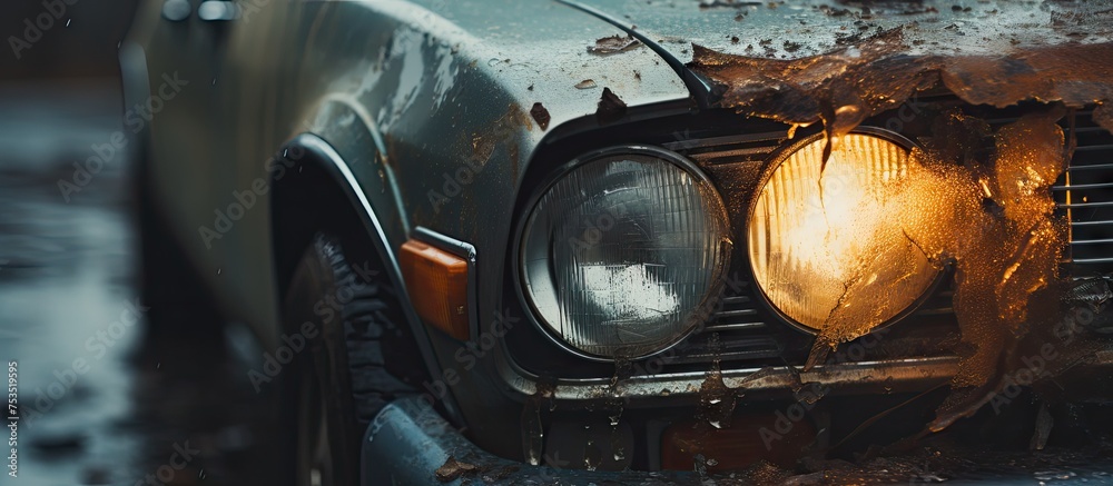 Dramatic Car with Headlight Blazing in Intense Fiery Burnout - obrazy, fototapety, plakaty 