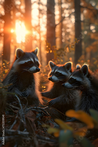 Racoon family in the forest with setting sun shining. Group of wild animals in nature.