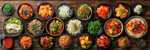 Korean cuisine is presented on a table. Generative Ai. photo