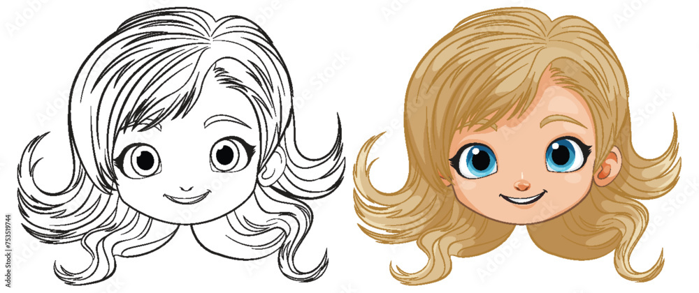 Black and white and colored cartoon girl faces Black and white and colored cartoon girl faces
