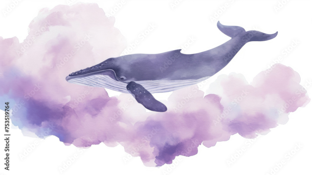 Ethereal Watercolor Whale Gliding through Dreamy Clouds