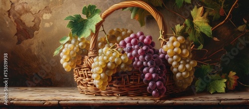 Basket holding grapes in a still-life composition. photo