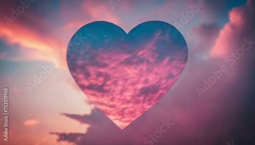 Heart-shaped cloud, pink and blue hues, vibrant sunset.