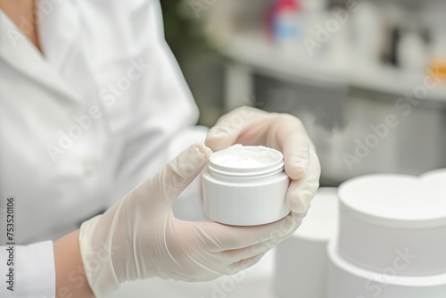 Scientist developing cosmetic product in laboratory, various containers for ingredients