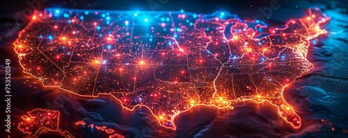 Illuminated network on USA map  connectivity concept  data transmission  internet infrastructure.