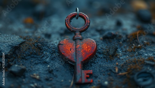 Vintage heart-shaped key in soil, love concept, secret, mystery, unlocking emotions.