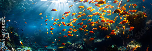 Many Species of Small Fish Underwater   Aquarium fish and algae view