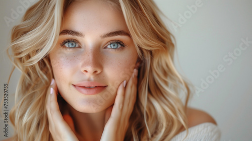 A blonde woman with blue eyes touches her face, showcasing natural makeup on a studio background. photo