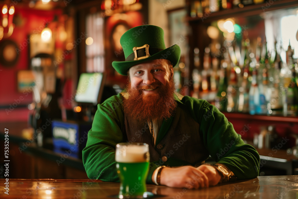In an Irish pub, a lively leprechaun, dressed in festive attire, savors a green beer with cheerful enthusiasm, celebrating the spirit of St. Patrick's Day
