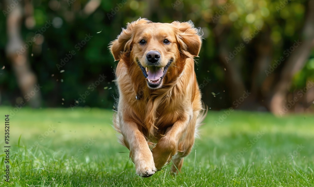 Exuberant Golden Retriever Enjoys a Spirited Run Across Lush Meadow - Generative AI