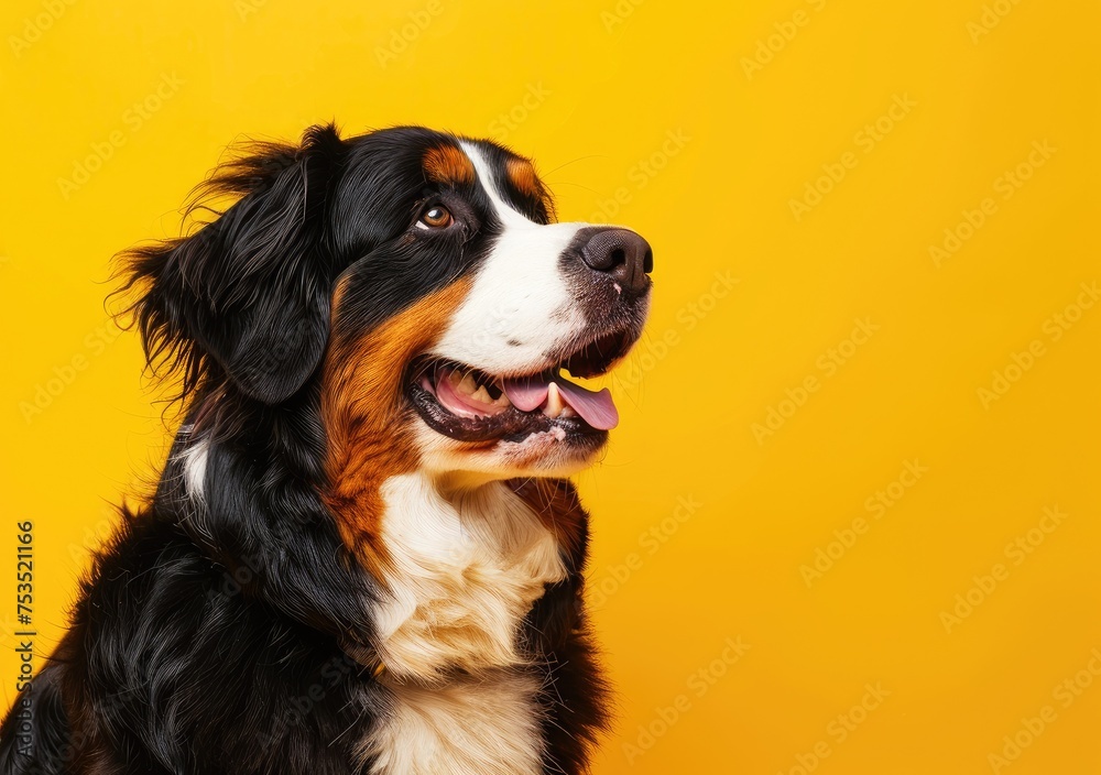 Radiant Bernese Mountain Dog Beaming with Joy on Warm Orange - Generative AI