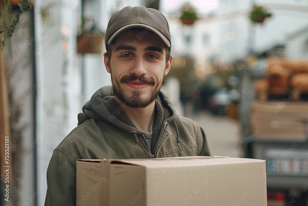 Smiling delivery man wearing a cap, embracing a brown box, casual yet professional appearance, prompt and warm delivery service concept Smiling delivery man wearing a cap, embracing a brown box, casual yet professional appearance, prompt and warm delivery service concept
