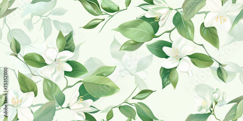 Jasmine with exquisite petals, white petals with light green leaves, cute and dreamy. Light green background with soft colors © crazyass