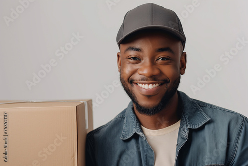 Smiling delivery black man wearing a cap, embracing a brown box, casual yet professional appearance, prompt and warm delivery service concept © angyim