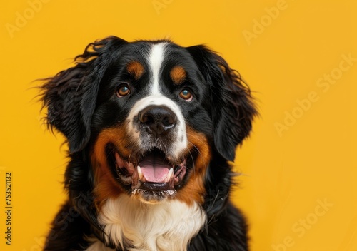 Radiant Bernese Mountain Dog Beaming with Joy on Warm Orange - Generative AI