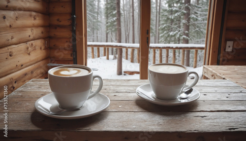 Cups of coffee, tea or hot chocolate on a rustic wooden table in the interior of a cabin or cafeteria
