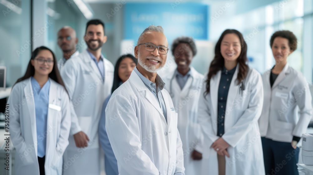a team of proficient medical professionals, consisting of surgeons, doctors, and regulators, within a sleek corporate office backdrop. They are portrayed smiling, poised, and facing the camera