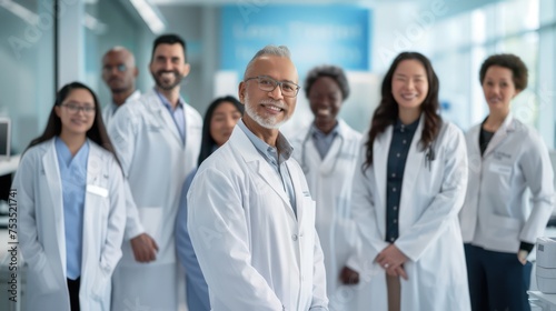 a team of proficient medical professionals, consisting of surgeons, doctors, and regulators, within a sleek corporate office backdrop. They are portrayed smiling, poised, and facing the camera