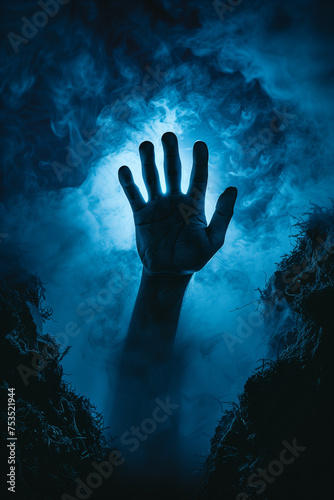 Human hand reaching out from the grave. Afterlife resurrection conceptual image