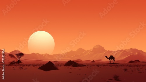 Saharan Solace: A Lone Camel's Silhouette Against the Setting Sun Generative AI