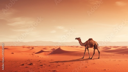 Saharan Solace: A Lone Camel's Silhouette Against the Setting Sun Generative AI © Gelpi