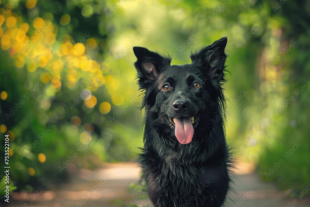 Joyful Black Dog on Forest Path Basking in Sunlight with Tongue Out - Generative AI Joyful Black Dog on Forest Path Basking in Sunlight with Tongue Out - Generative AI