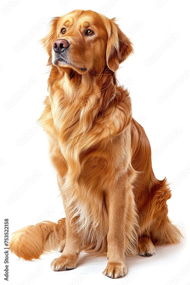 Serenely Poised Golden Retriever Sits with Dignity Against White - Generative AI