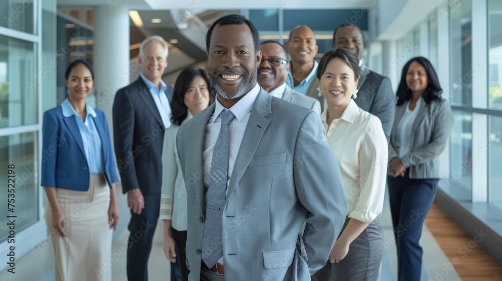 Advertising photo featuring a team of marketing experts, managers, directors, and regulators in a modern corporate office, smiling and standing facing the camera Advertising photo featuring a team of marketing experts, managers, directors, and regulators in a modern corporate office, smiling and standing facing the camera
