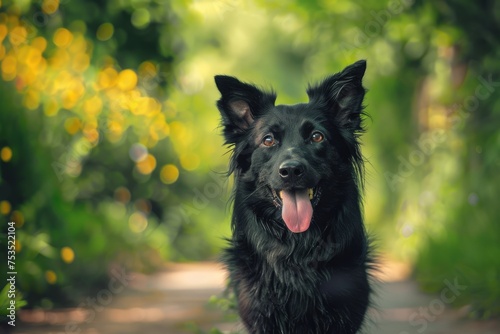 Joyful Black Dog on Forest Path Basking in Sunlight with Tongue Out - Generative AI © Gelpi