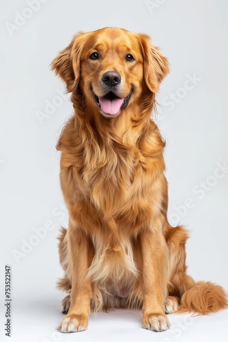 Serenely Poised Golden Retriever Sits with Dignity Against White - Generative AI