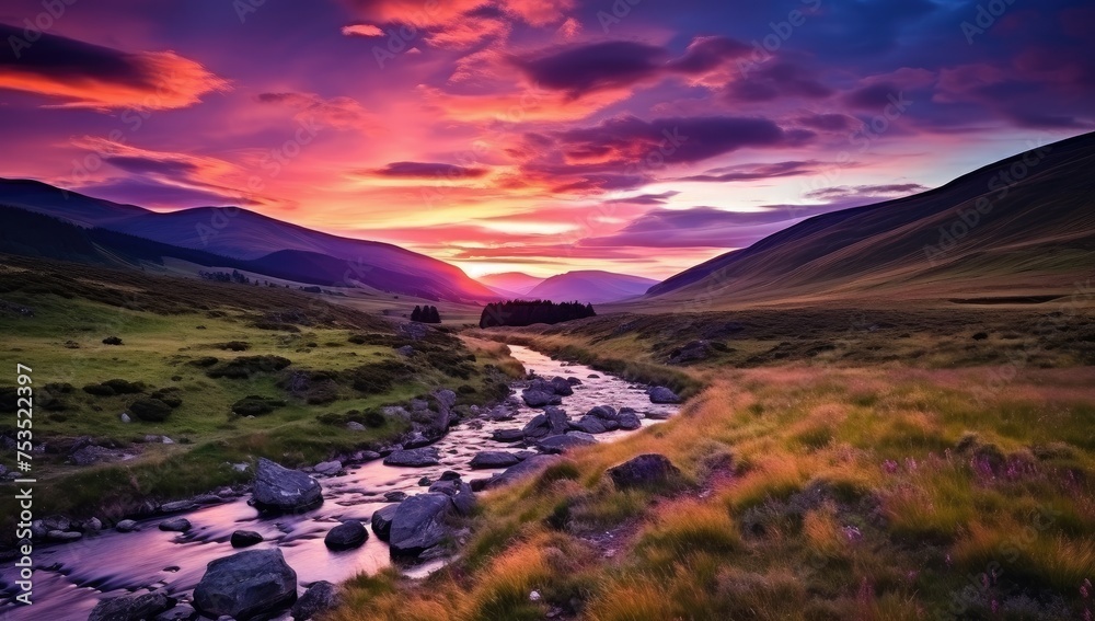 Breathtaking Sunset Over Scottish Glens with Vibrant Skies - Nature's Majesty Generative AI