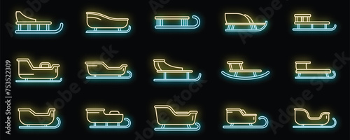Christmas sleigh icons set outline vector. Santa claus transport. Gift carriage neon isolated