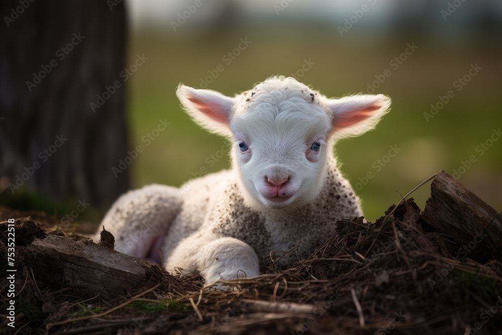 Portrait of a Newborn Lamb Finding its Feet in the Warm Sunshine Generative AI Portrait of a Newborn Lamb Finding its Feet in the Warm Sunshine Generative AI