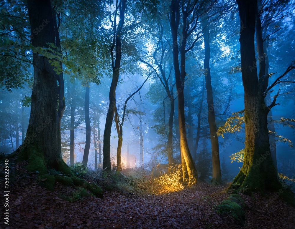 Obraz premium Mystical Forest with beaming light through the trees