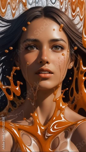 Portrait of a woman enveloped in flowing chocolate or liquid caramel, chocolate spa wrap