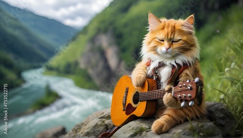 cute cat wearing trendy clothes is playing the guitar with a sad expression on his face.