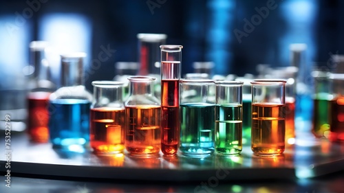 chemical test tubes in modern laboratory, virus, vaccine, analytical, medical or science laboratory concept. © dimas