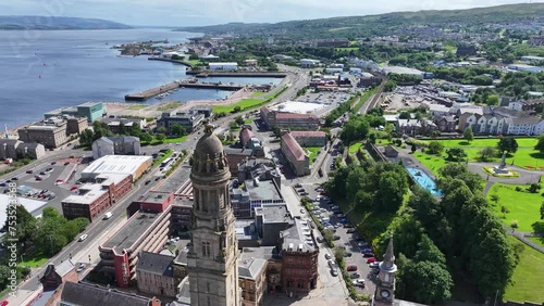 Aerial View of Greenock Town Hall, Municipal and Waterfront Buildings on Sunny Summer Day, Scotland UK photo