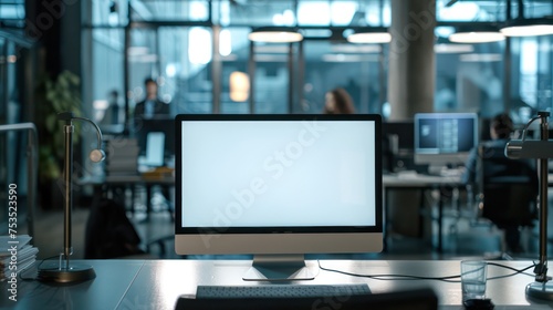 Blank white screen monitor mockup with a modern office workspace background