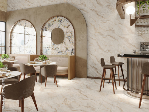 The restaurant s d  cor is cozy and features beige marble flooring and walls. cosy modern eating area with a backdrop of modern decor. 3D Rendering