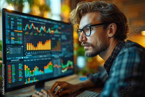 Financial investor studying digital charts on digital screen, trading strategy, investment concept